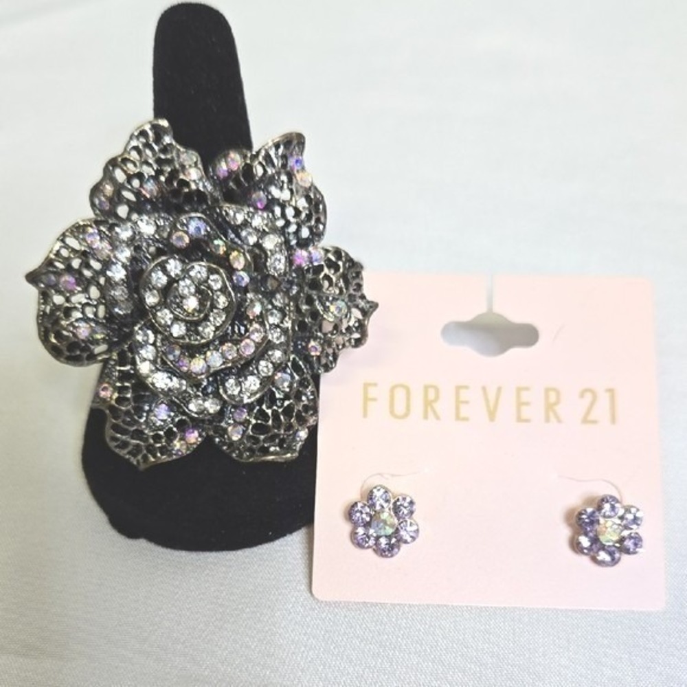 Flower Statement Ring and Earrings Set, 2 Pieces‎